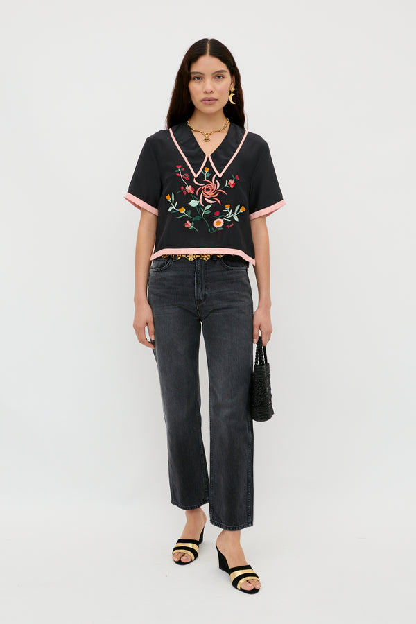 Rixo Nicolina Silk Top Frida Embroidery Black