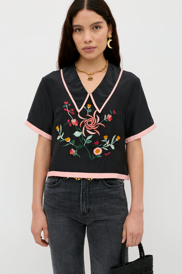 rixo Nicolina Silk Top Frida Embroidery Black
