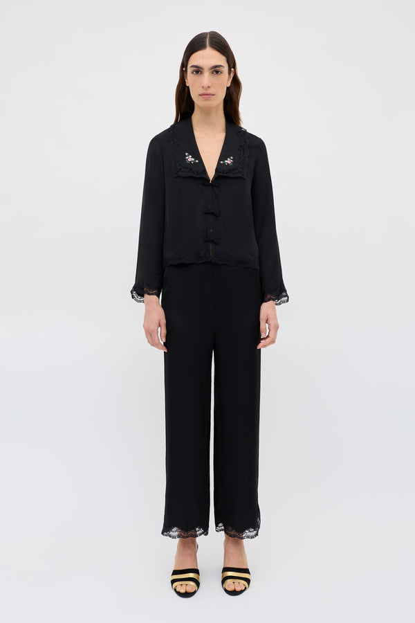 Rixo Nienna Satin Top Peonies Embroidery Black