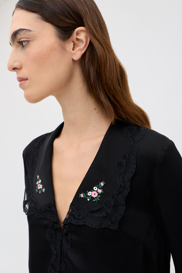 Rixo Nienna Satin Top Peonies Embroidery Black