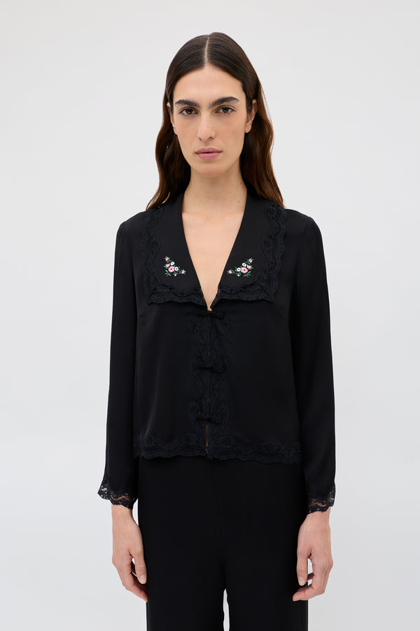 rixo Nienna Satin Top Peonies Embroidery Black