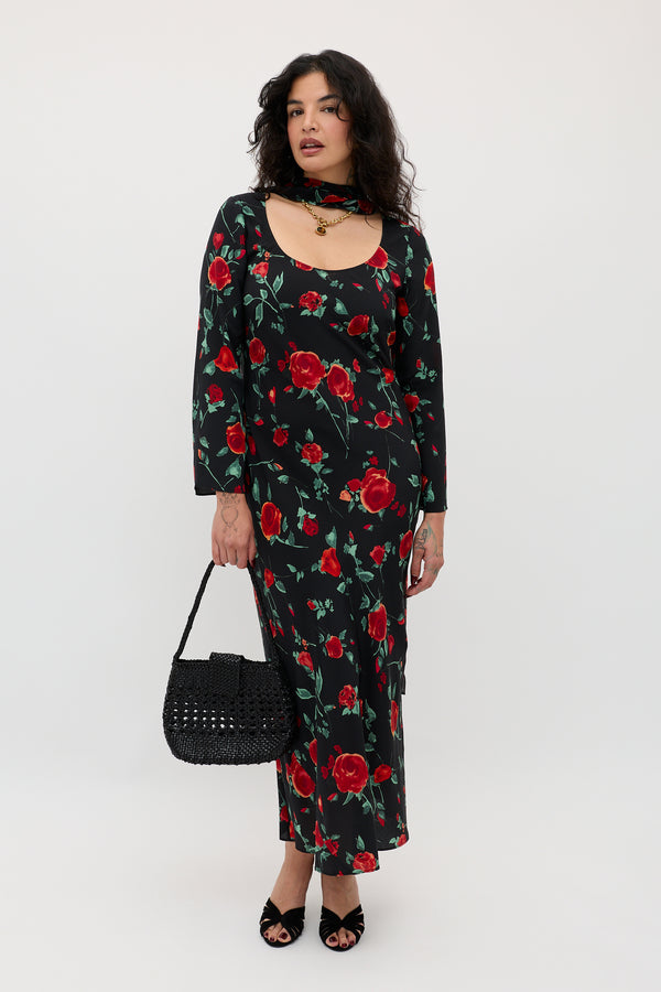 Rixo Noraya Silk Midi Dress Claudia Rose Black