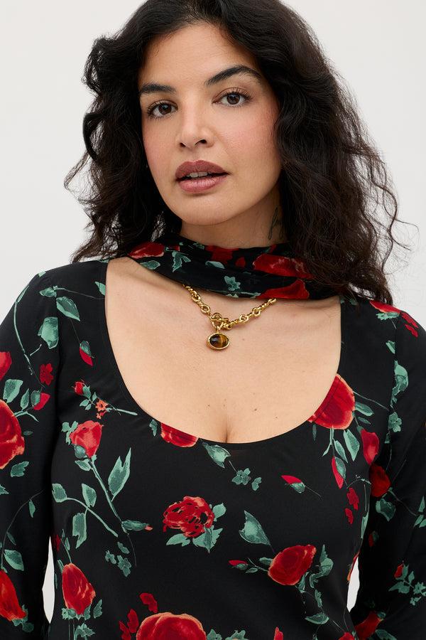 Rixo Noraya Silk Midi Dress Claudia Rose Black