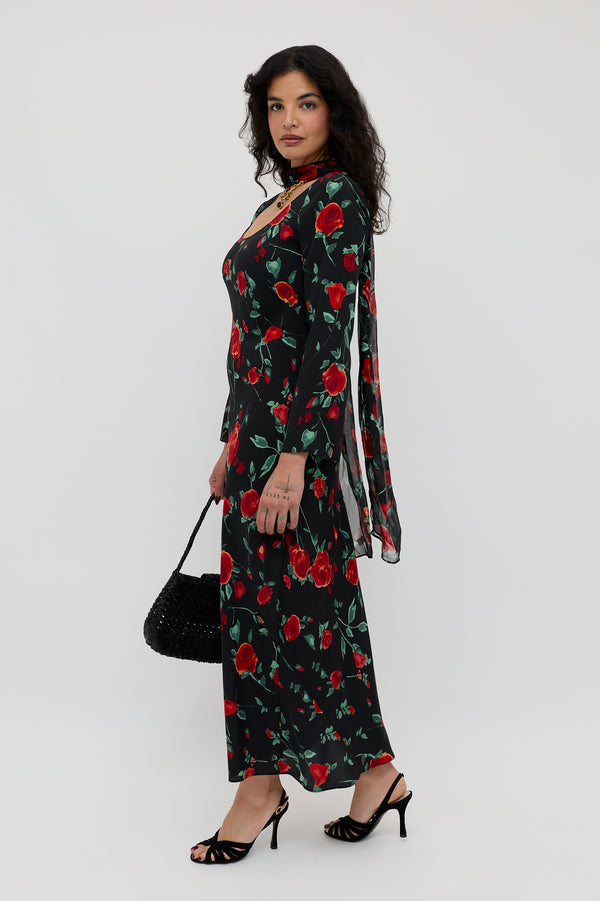 rixo Noraya Silk Midi Dress Claudia Rose Black