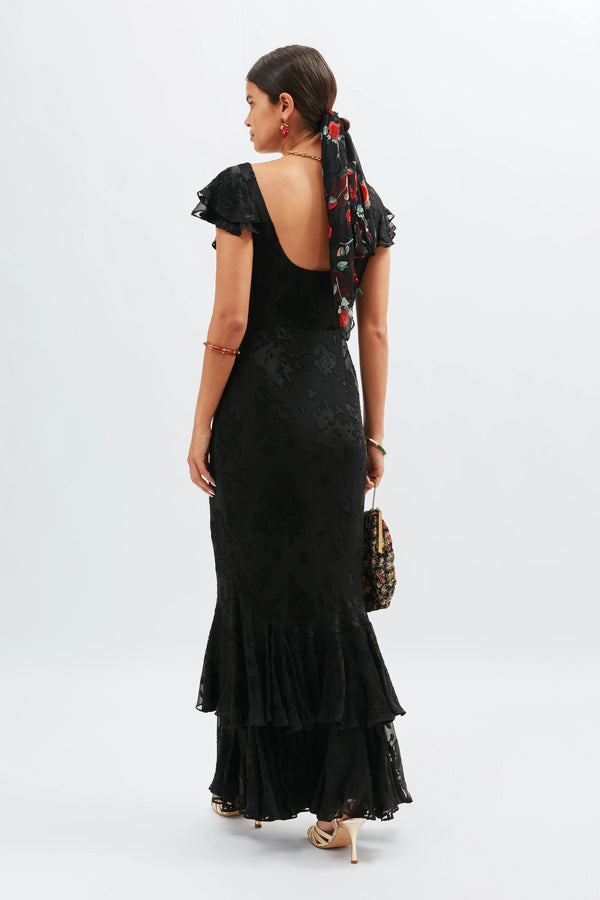 Rixo Ordinia Silk Gown Bouquet Devoré Black