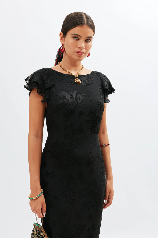 Rixo Ordinia Silk Gown Bouquet Devoré Black