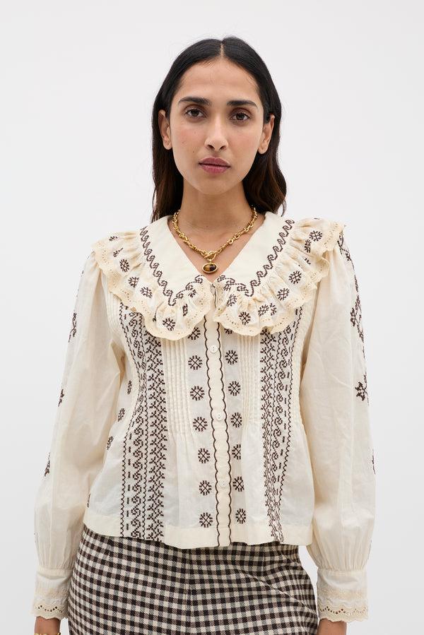 rixo Percy Cotton Blouse Mila Embroidery Brown