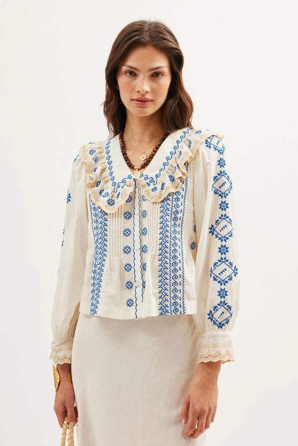 rixo Percy Cotton Blouse Mila Embroidery Cream