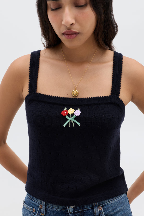 Rixo Perla Wool Top Floret Embroidery Deep Navy