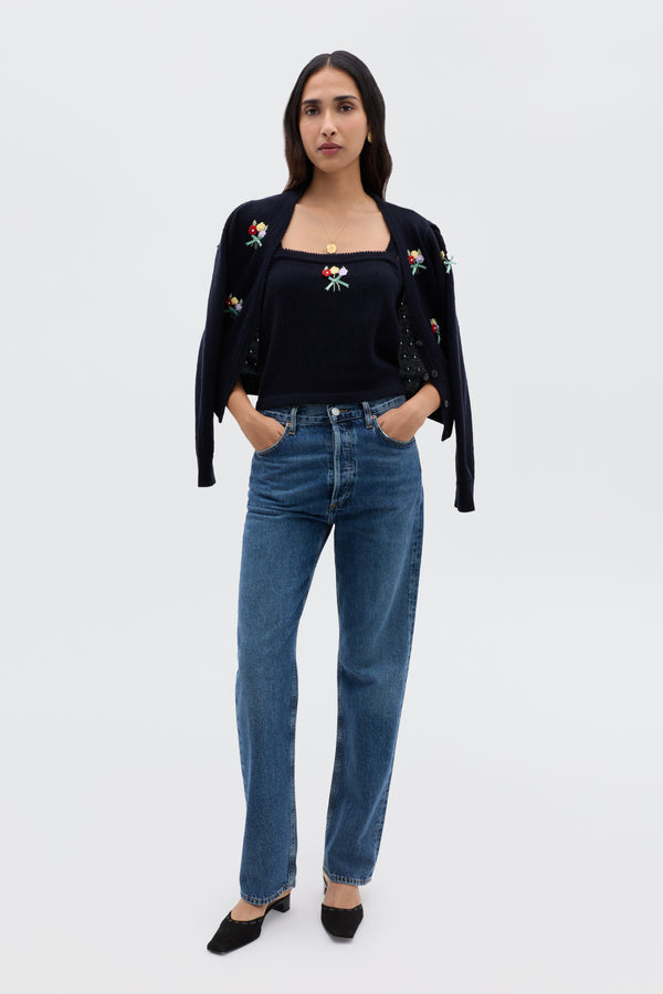 Rixo Perla Wool Top Floret Embroidery Deep Navy