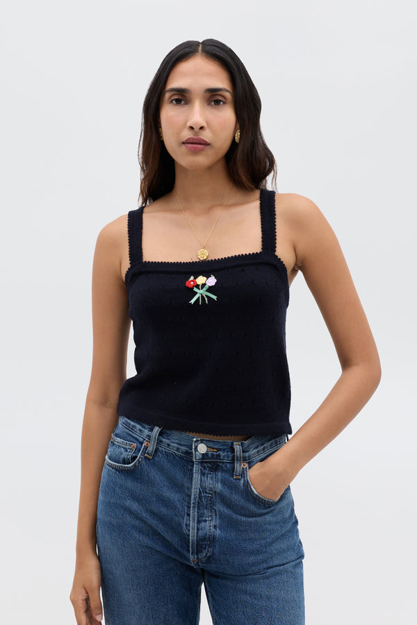 rixo Perla Wool Top Floret Embroidery Deep Navy
