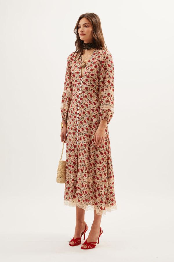 Rixo Raven Midi Dress Eva Floral Cream