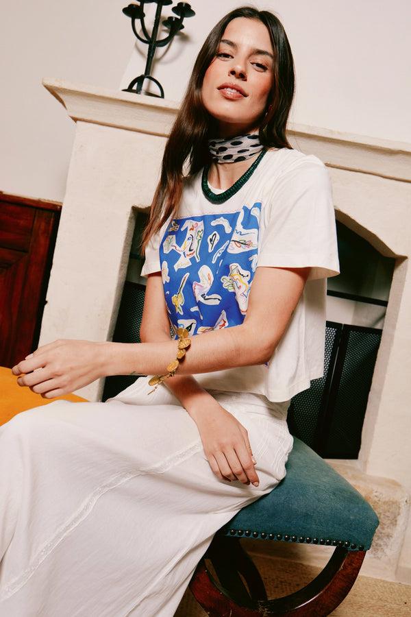 Rixo Ria Cotton T-Shirt Abstract Paint Blue