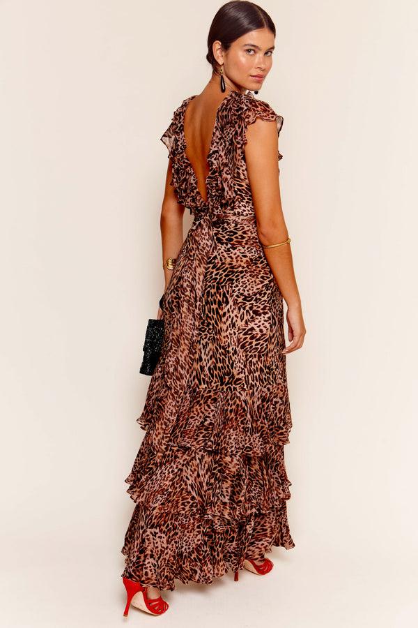 Rixo Rio Ruffled Silk Gown Leopard Patchwork Brown