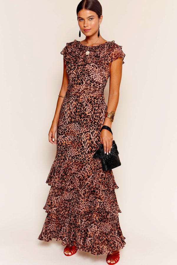 Rixo Rio Ruffled Silk Gown Leopard Patchwork Brown