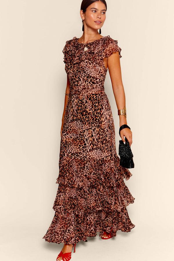 rixo Rio Ruffled Silk Gown Leopard Patchwork Brown