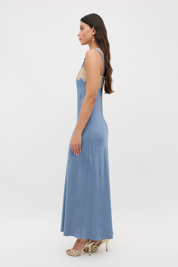 Rixo Rosamarie Satin Dress Stone Blue