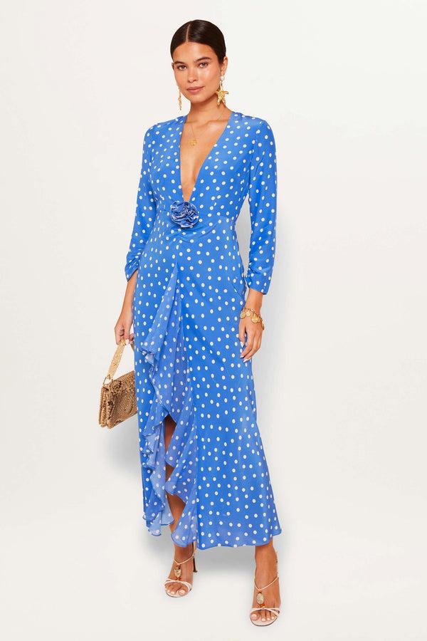 rixo Rose Midi Dress Bohemia Spot Blue