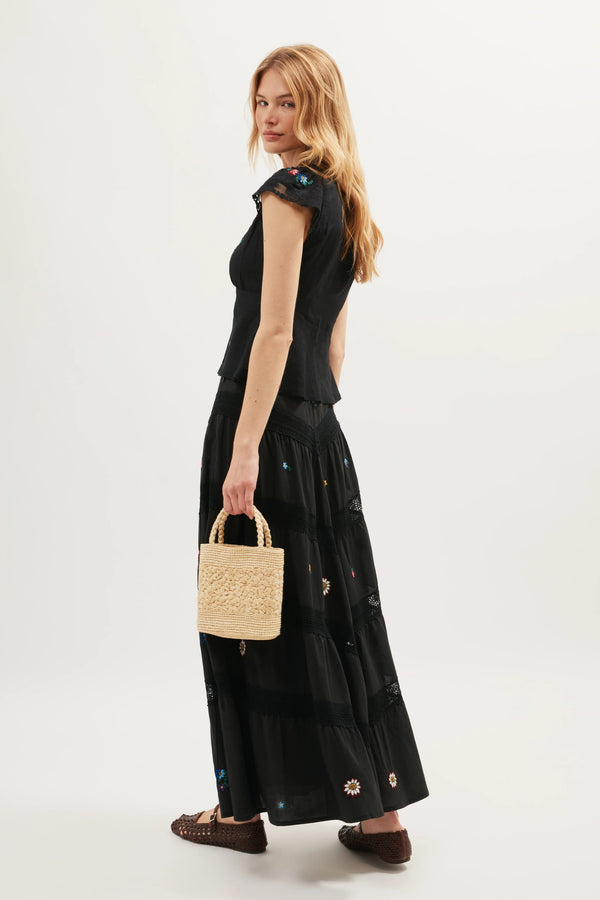 Rixo Sigrid Midi Skirt Daisy Sun Embroidery Black
