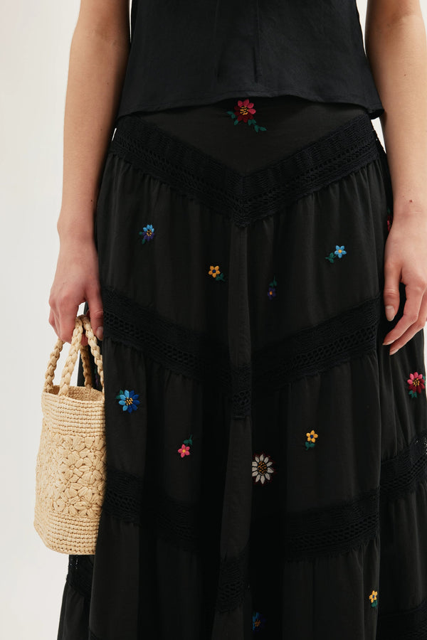 Rixo Sigrid Midi Skirt Daisy Sun Embroidery Black