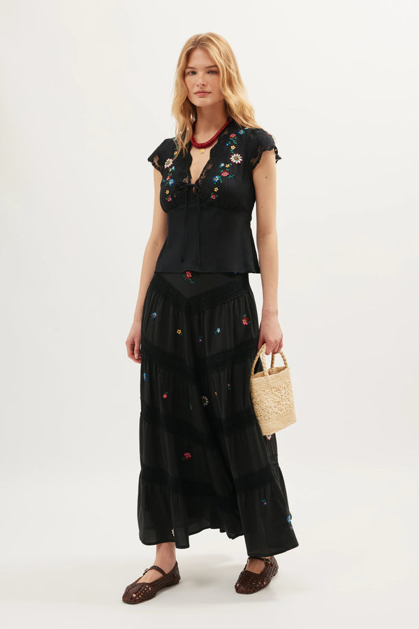 rixo Sigrid Midi Skirt Daisy Sun Embroidery Black