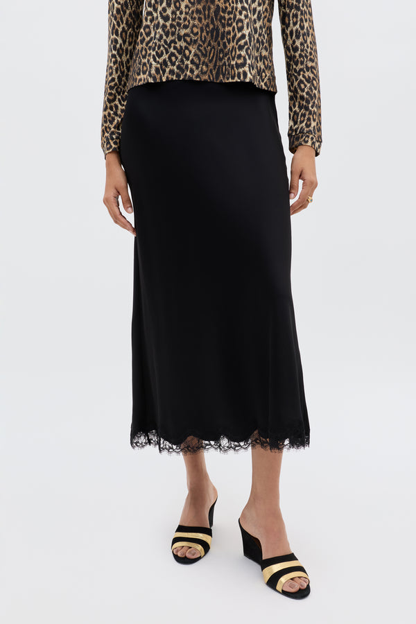 Rixo Stassie Satin Midi Skirt Black