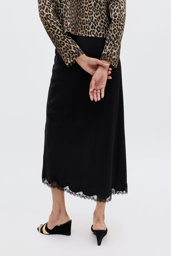 Rixo Stassie Satin Midi Skirt Black