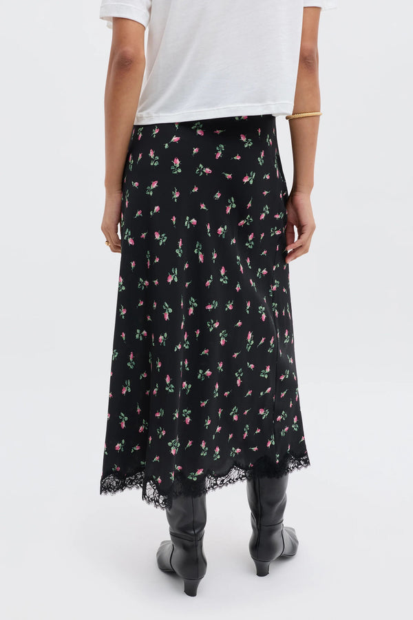 Rixo Stassie Silk Midi Skirt Sienna Bud Black