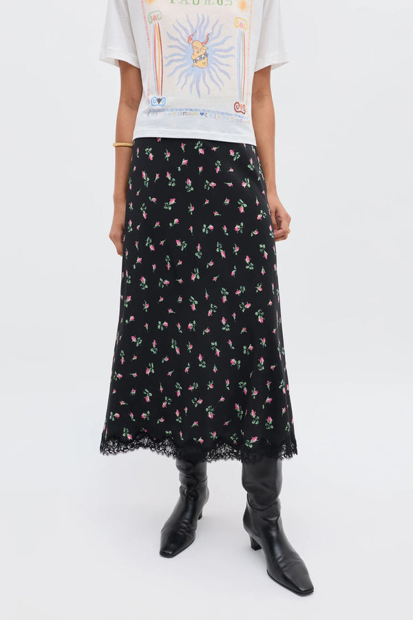rixo Stassie Silk Midi Skirt Sienna Bud Black