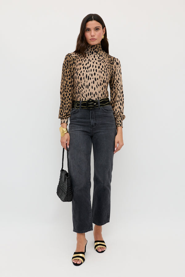 Rixo Suki Jersey Top Antelope Spot Jacquard Black