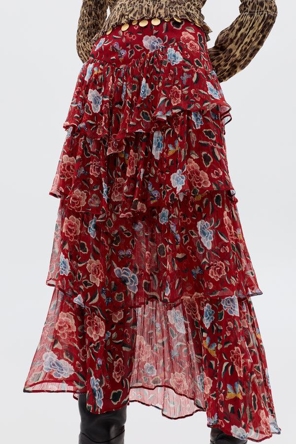 Rixo Taryn Midi Skirt Butterfly Floral Burgundy