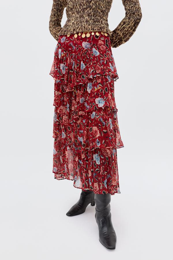 Rixo Taryn Midi Skirt Butterfly Floral Burgundy