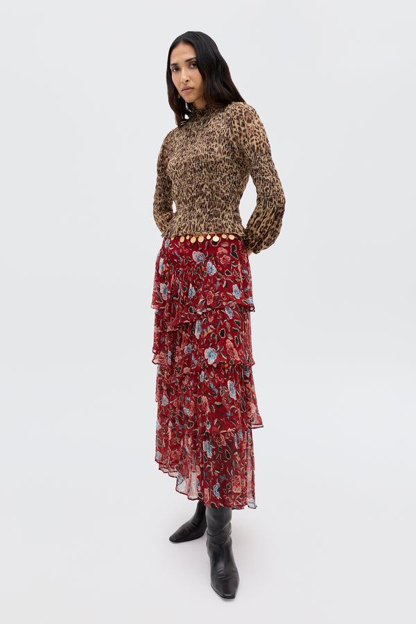 Rixo Taryn Midi Skirt Butterfly Floral Burgundy