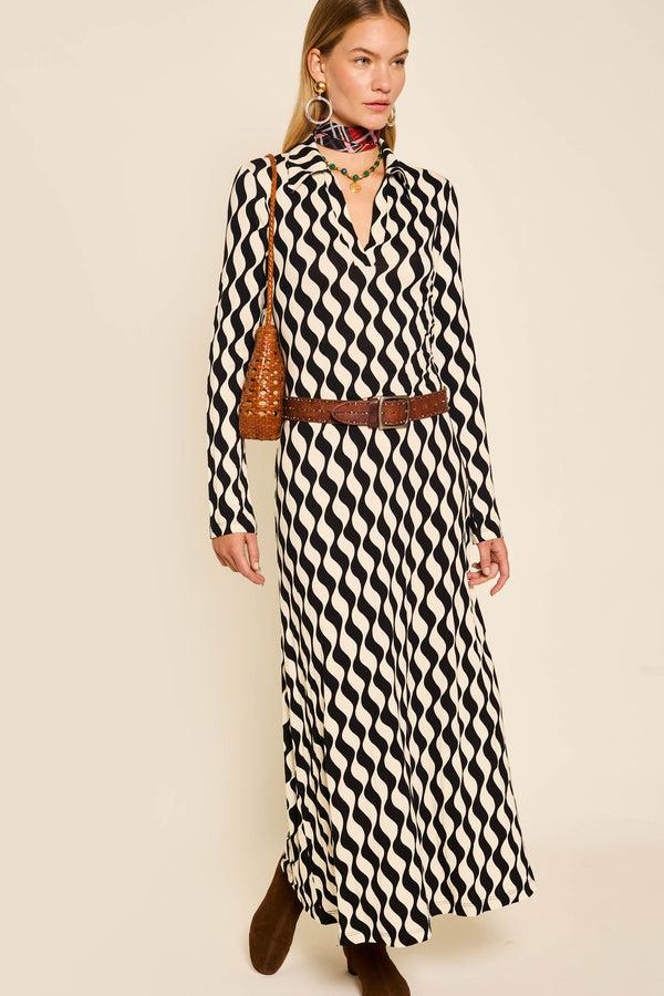 Rixo Tillie Jersey Midi Dress Mono Wave