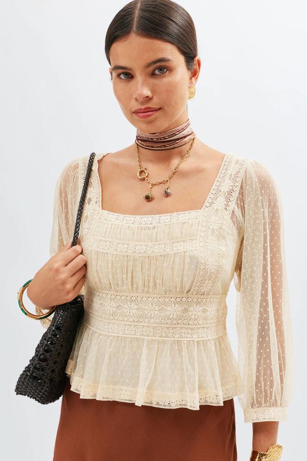 Rixo Tyla Tulle Top Vintage Cream