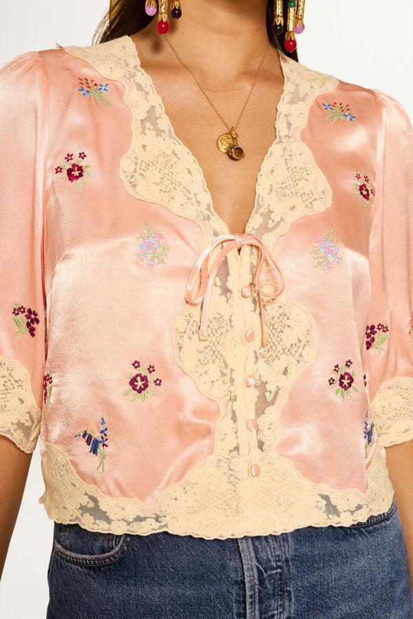 Rixo Ursula Embroidered Satin Top Peach