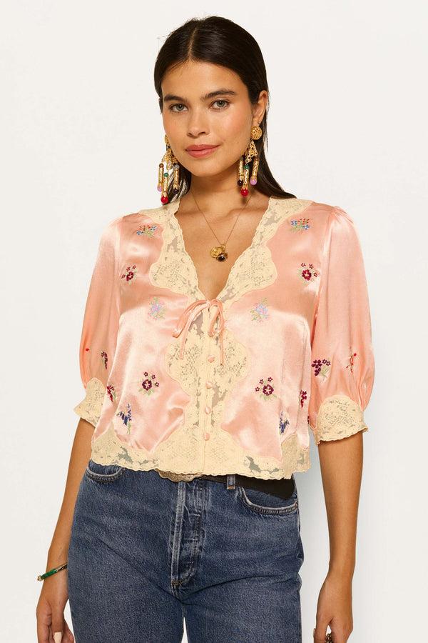 Rixo Ursula Embroidered Satin Top Peach