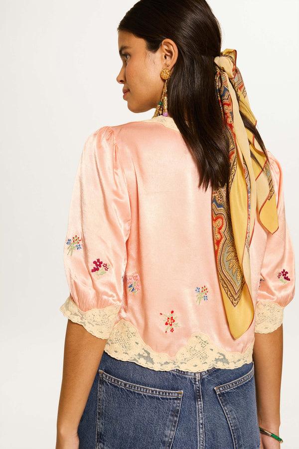 Rixo Ursula Embroidered Satin Top Peach
