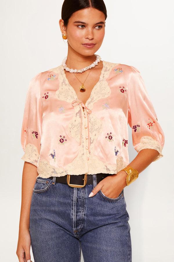 rixo Ursula Embroidered Satin Top Peach
