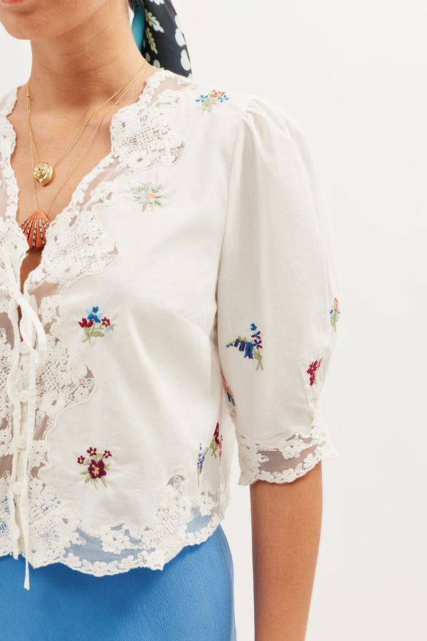 Rixo Ursula Embroidered Top Bud Embroidery White