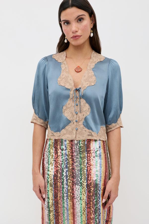 Rixo Ursula Satin Top Stone Blue