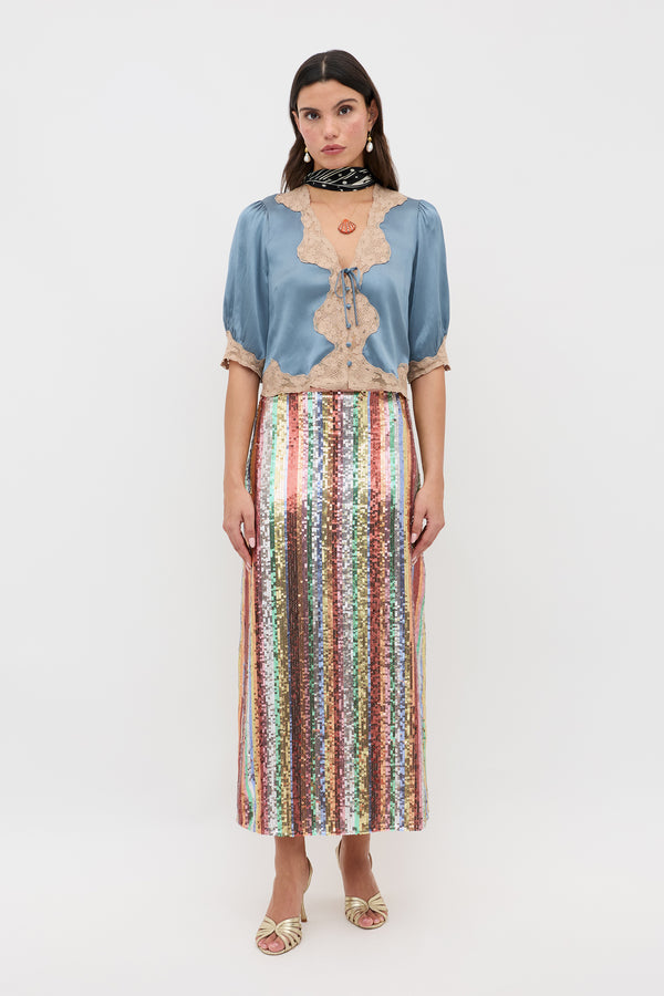 Rixo Ursula Satin Top Stone Blue