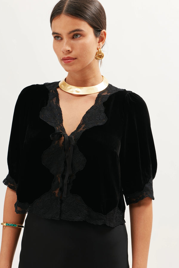 Rixo Ursula Silk-Velvet Top Black
