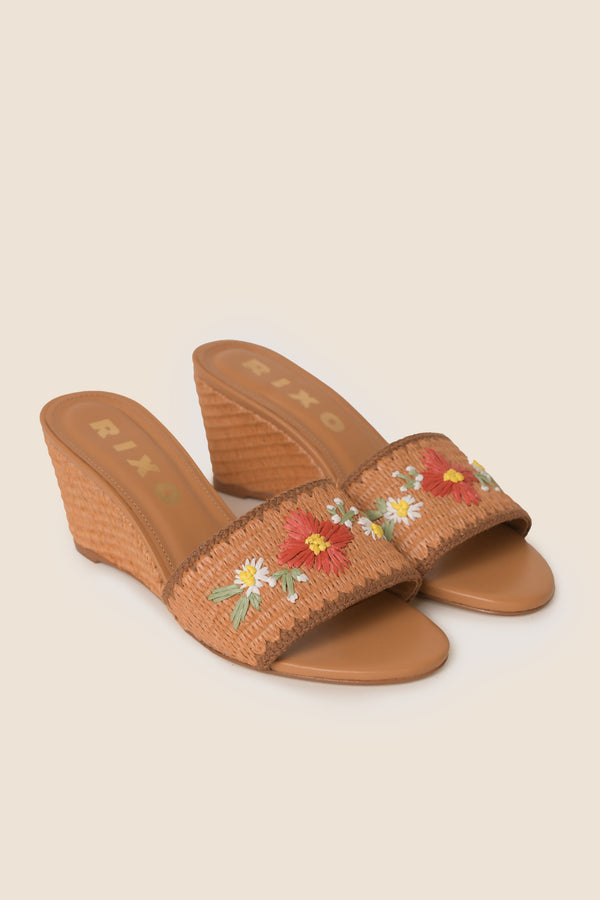 Rixo Vardi Raffia Wedges Cinnamon