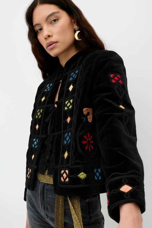 Rixo Viktoria Velvet Jacket Serino Appliqué Black
