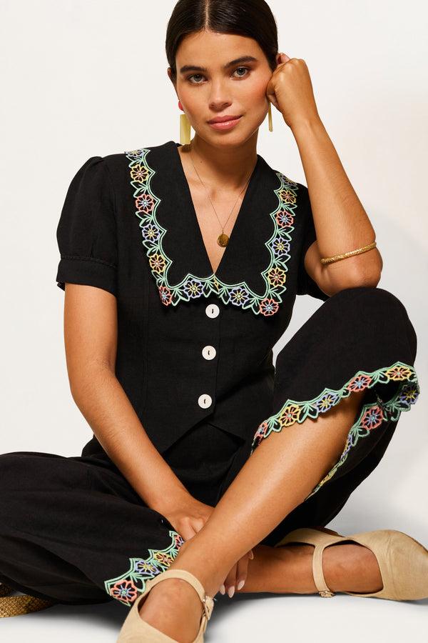 rixo Zinia Linen Blend Top Black