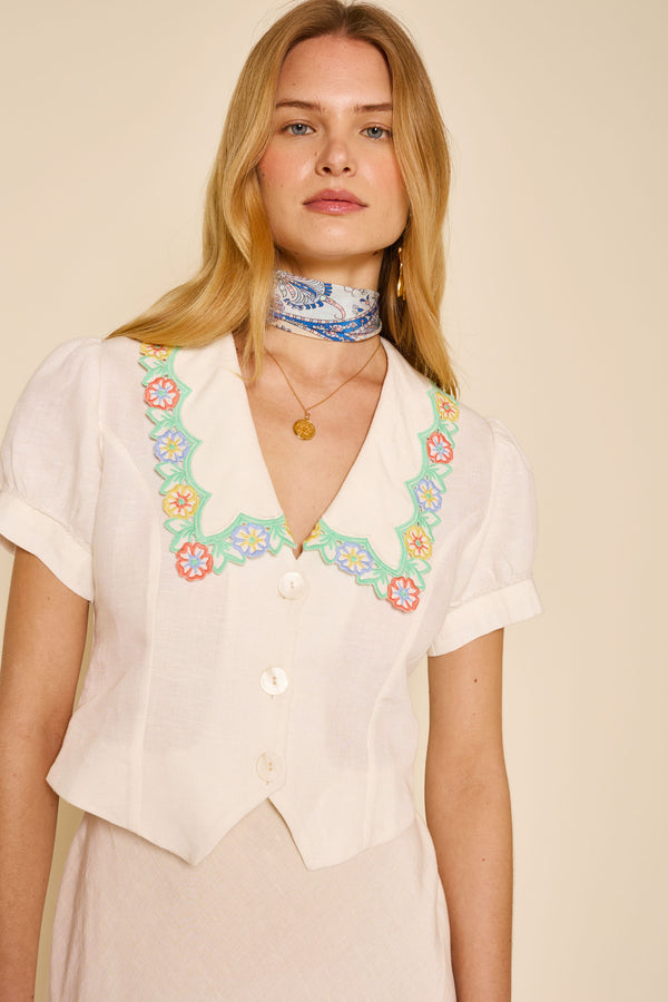 rixo Zinia Linen Blend Top White