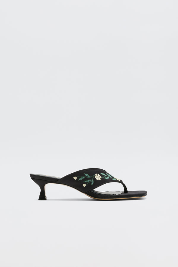 Rixo Zoya Satin Sandals Blossom Embroidery Black
