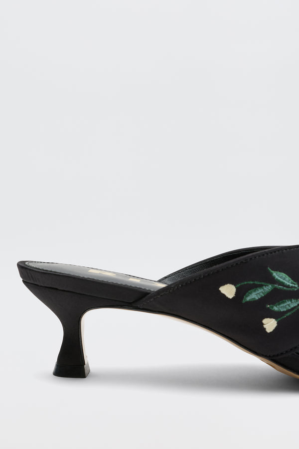 Rixo Zoya Satin Sandals Blossom Embroidery Black