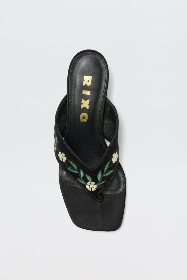 Rixo Zoya Satin Sandals Blossom Embroidery Black